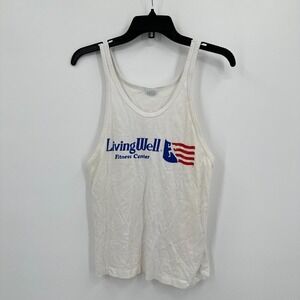 Vtg Living Well Fitness Center Tank Top Muscle Tee M White‎ Blue Activewear USA